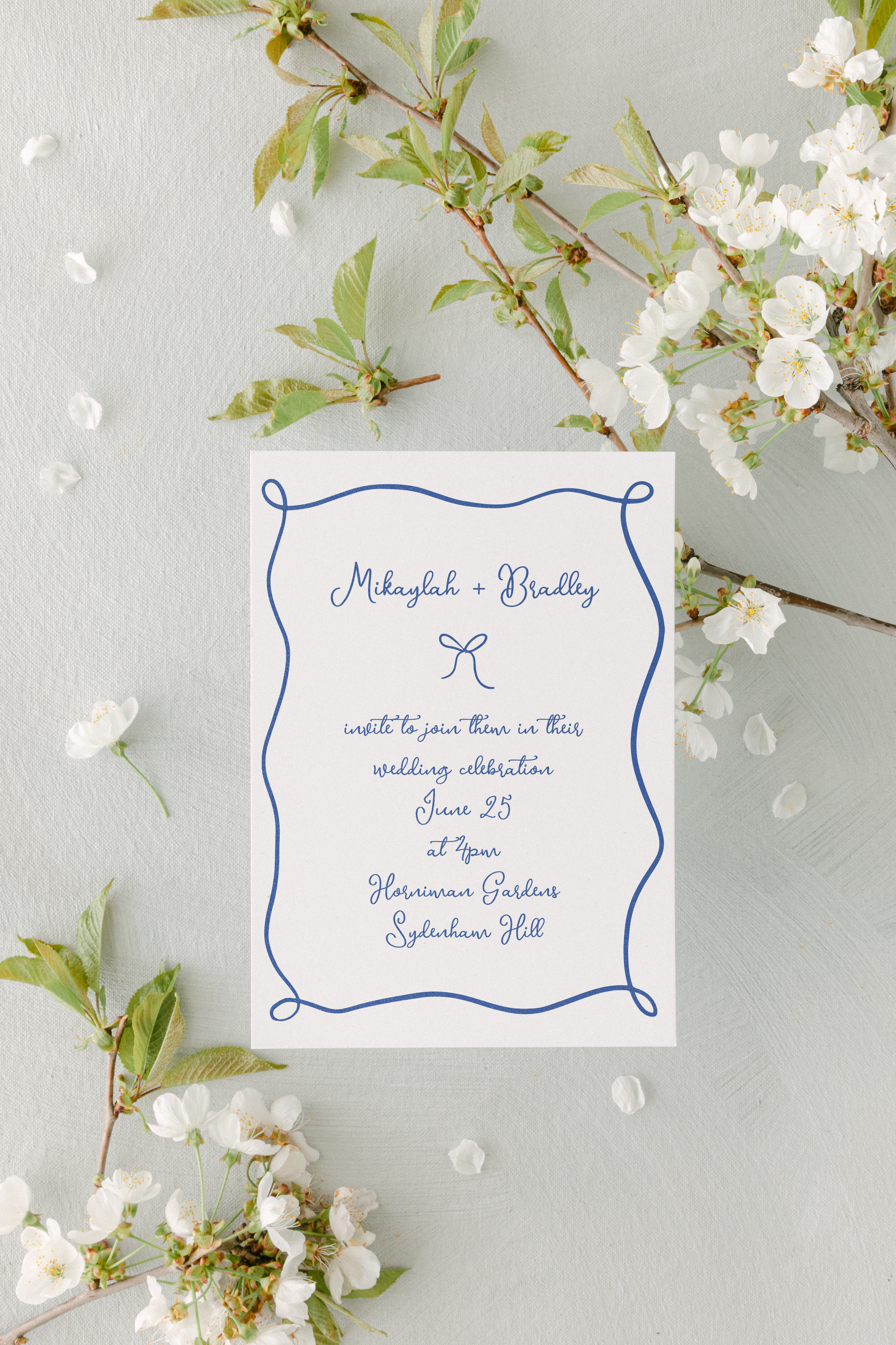 Whimsical Bow & Ribbons French Blue Wedding Invitation
